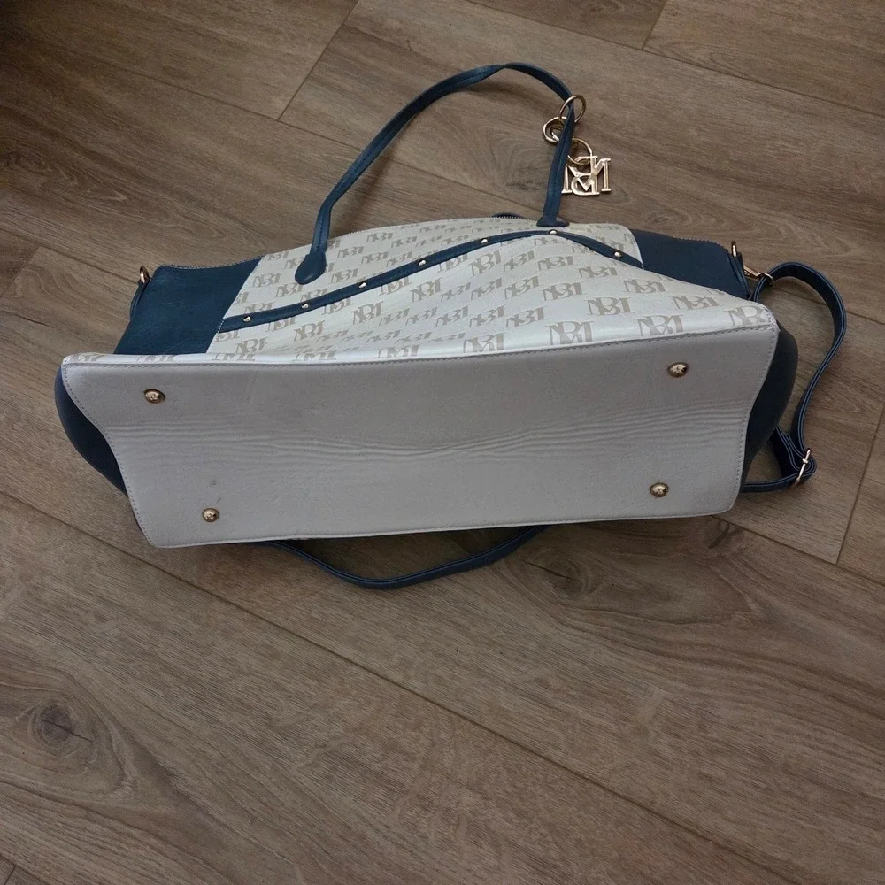 Badgley Mischka Carolina Vegan Leather Weekender Duffle‎ Bag Blue Cream Gold
